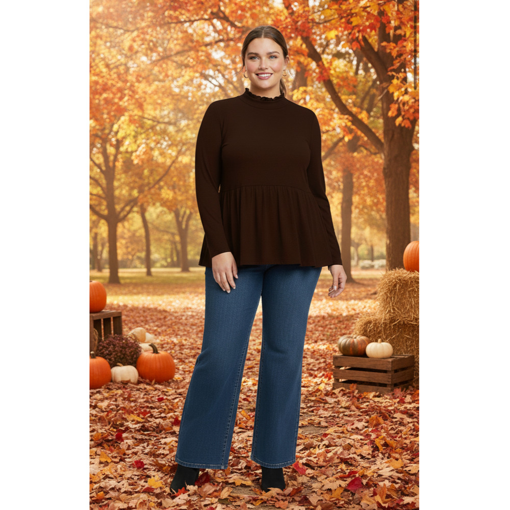 Lane Bryant Women 4x Brown Lightweight Mock Neck Balloon Sleeve Babydoll Blouse